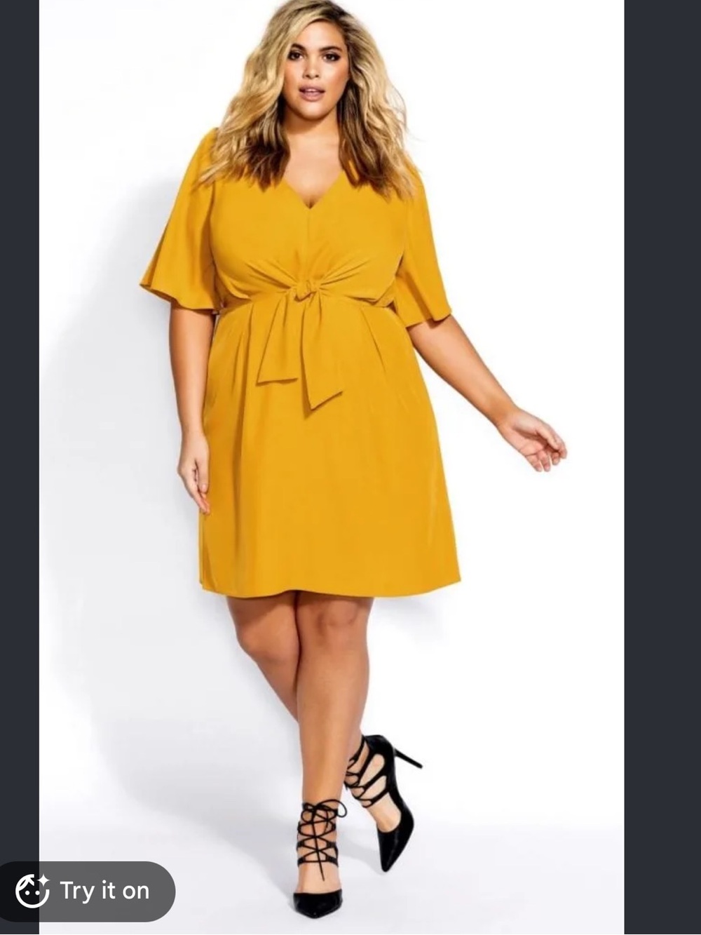 City Chic Mustard Tie-Waist V-Neck Midi Dress